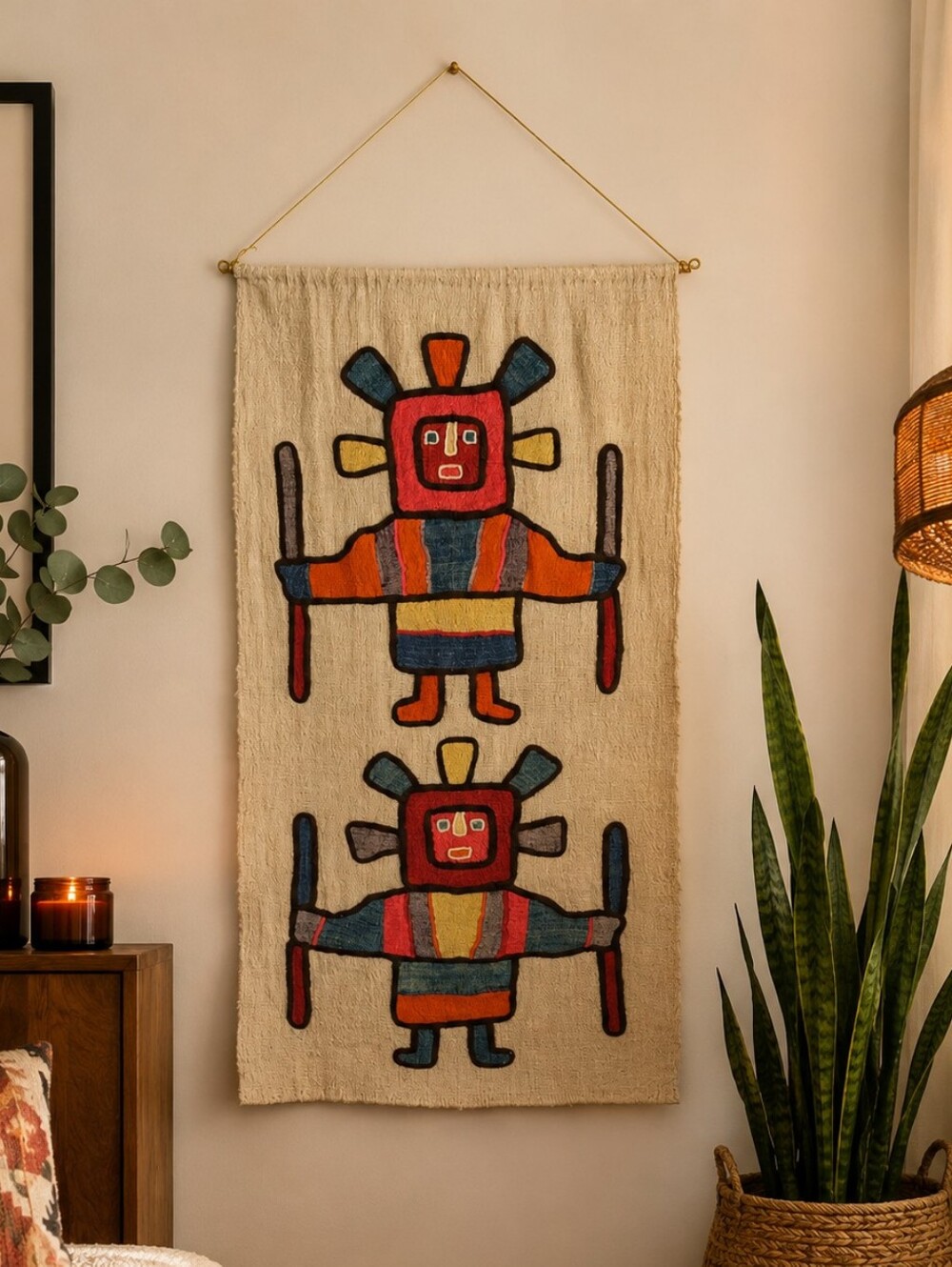 Handmade Cream Wall Hanging with Multicolor Tribal Motifs Tapestry